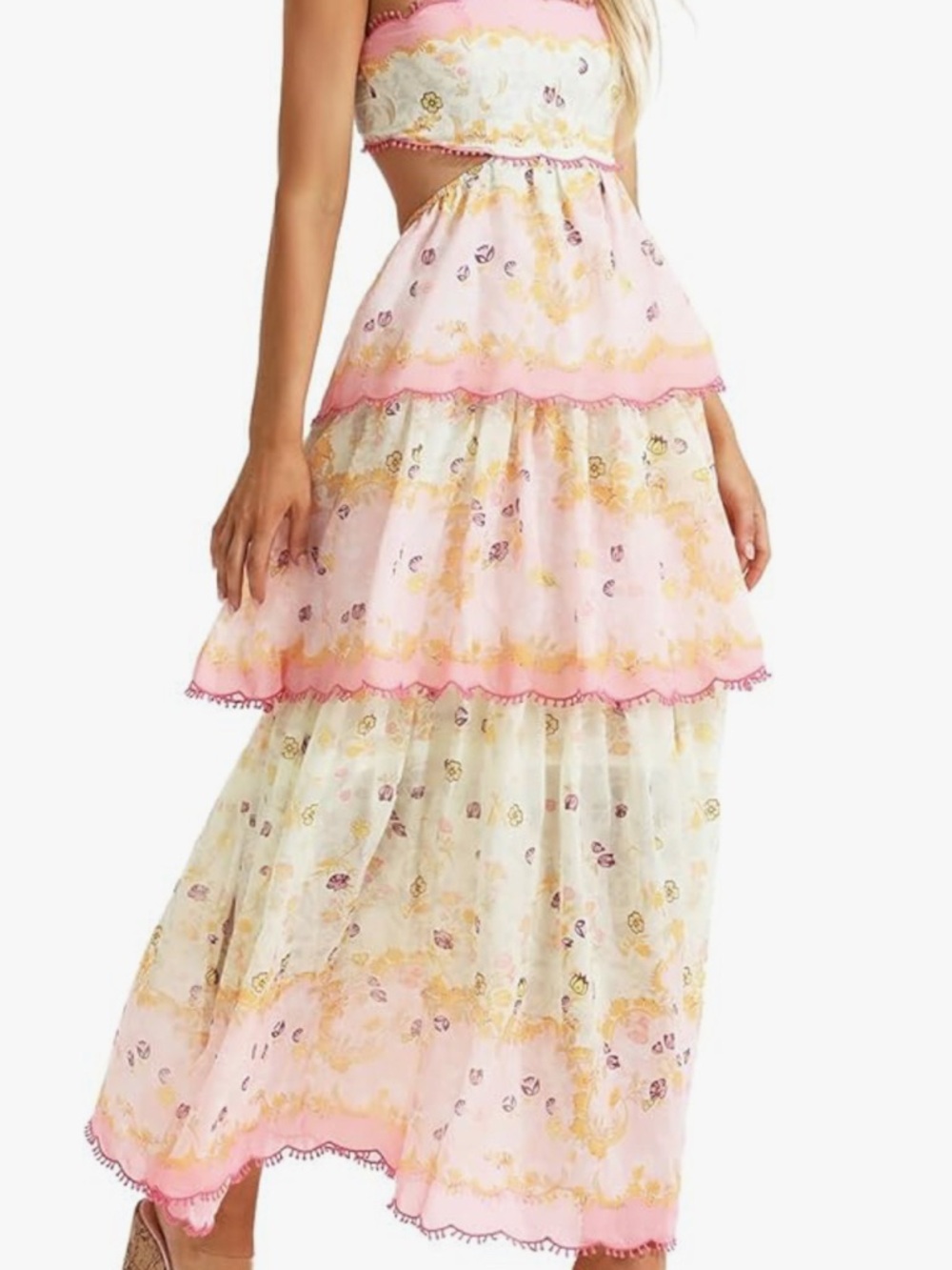 Tiered Pink Floral Maxi Dress